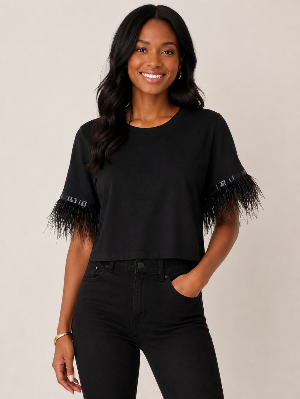 ❤️ NWT! MOR SUNFLOWER OSTRICH FEATHER TOP, BLACK, LARGE